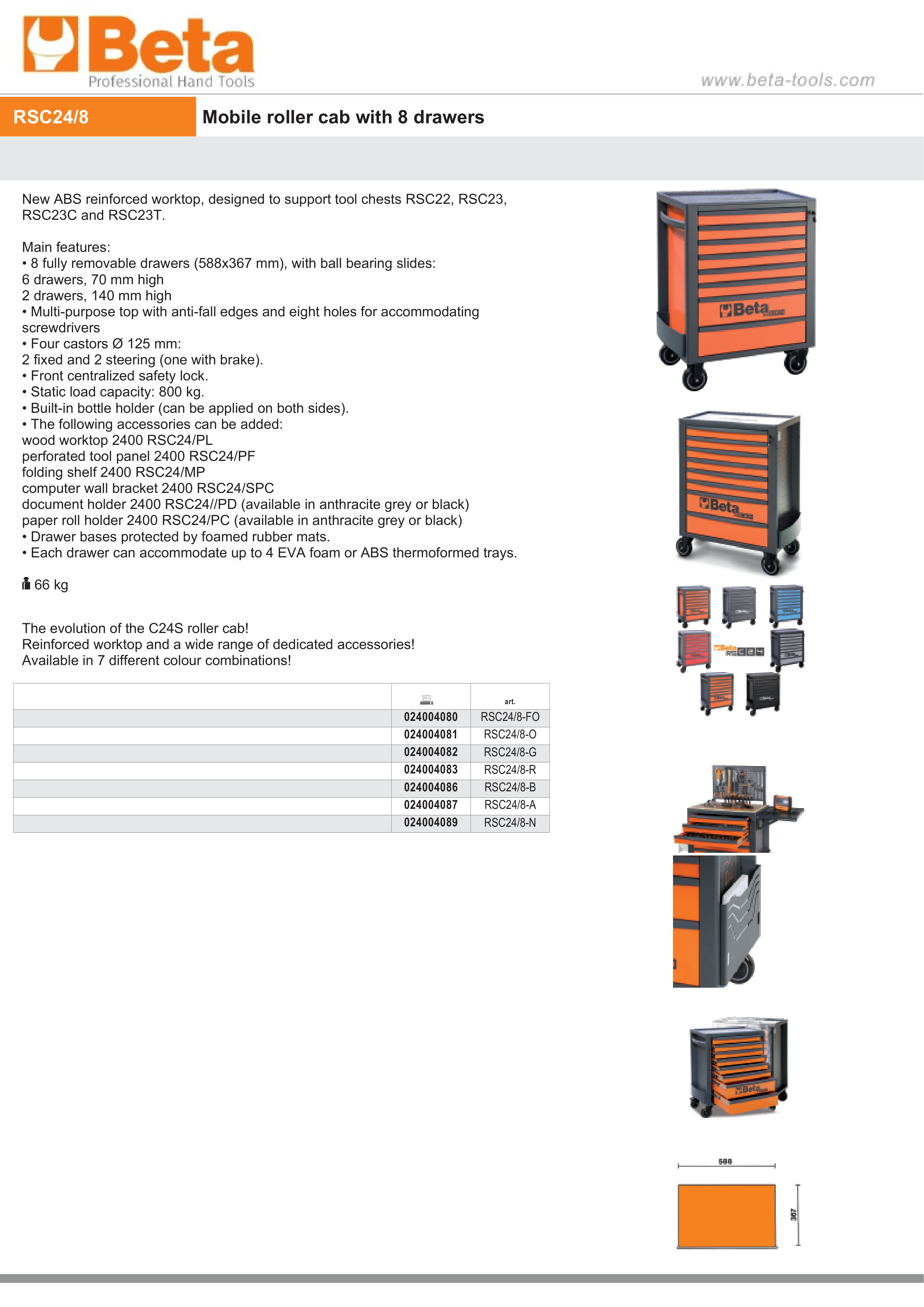 Mobile Roller Cab 8 Drawers Reinforced Worktop 800kg Capacity - Beta Tools RSC24/8-A