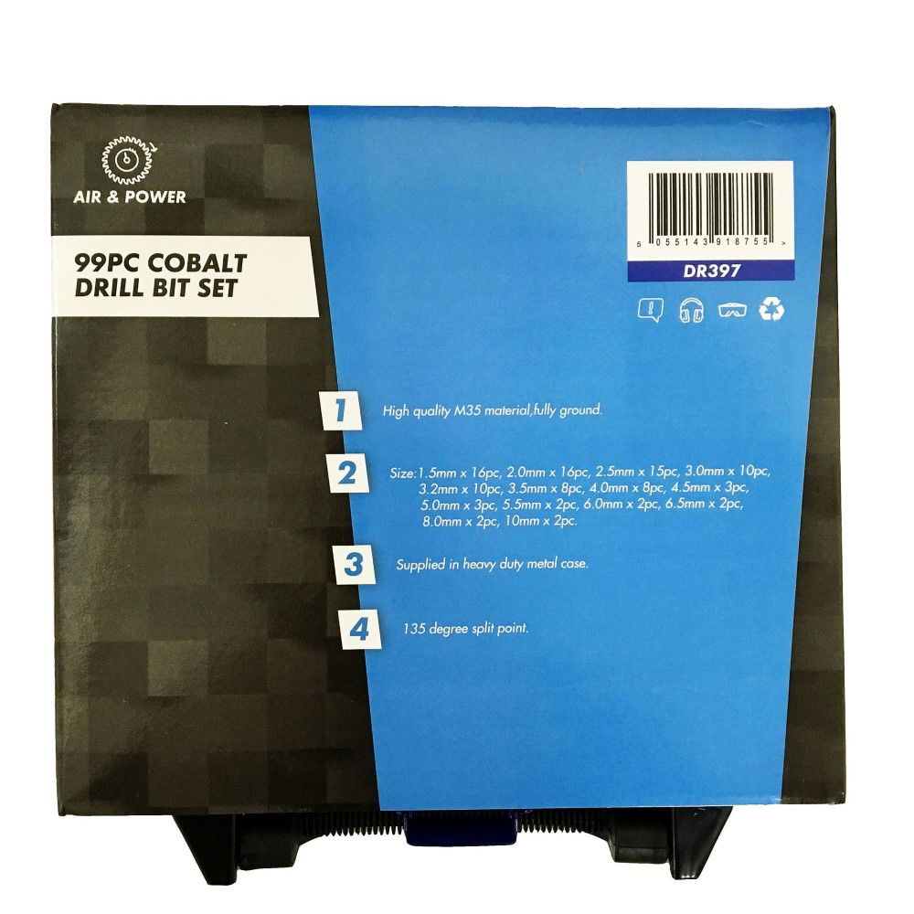 COBALT DRILL BIT SET 99PC 1.5-10mm M35 HSS - TOOLZONE KDPDR397