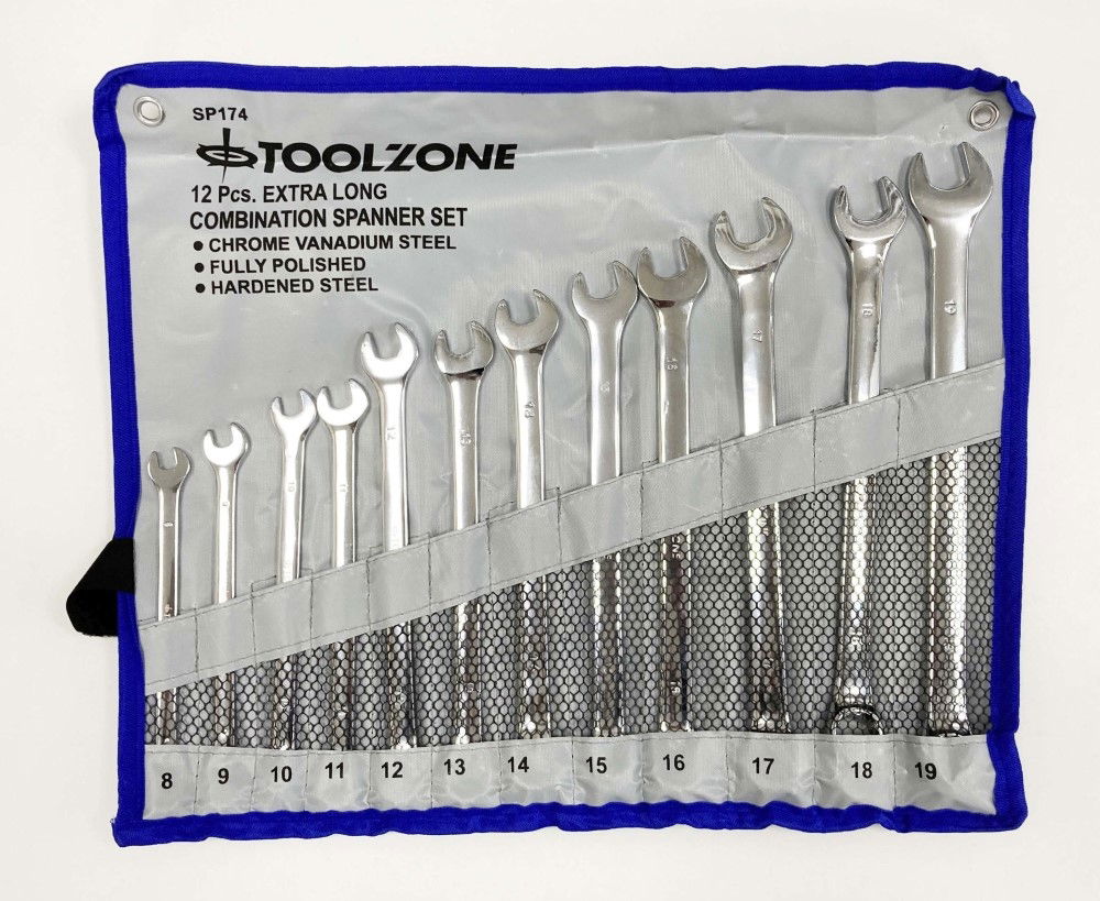 COMBINATION SPANNER SET 12pc EXTRA LONG 8-19mm CHROME VANADIUM IN POUCH - TOOLZONE KDPSP174