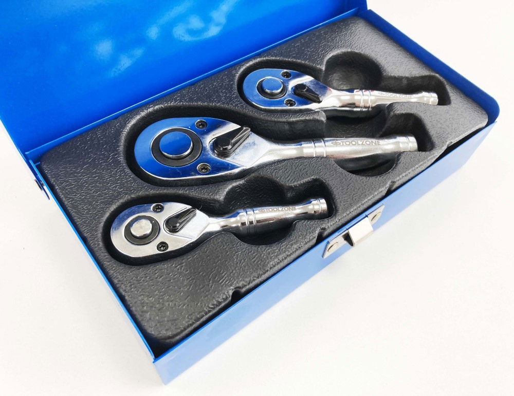 STUBBY RATCHET HANDLE SET 3pc 1/4 3/8 1/2 DRIVE 72 TEETH CRV - TOOLZONE KDPSS015