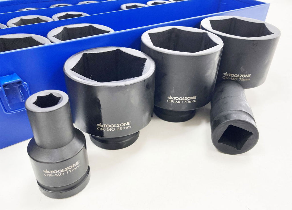DEEP IMPACT SOCKET SET 25 PIECES 1 DRIVE 17mm-75mm CHROME MOLYBDENUM - TOOLZONE KDPSS263