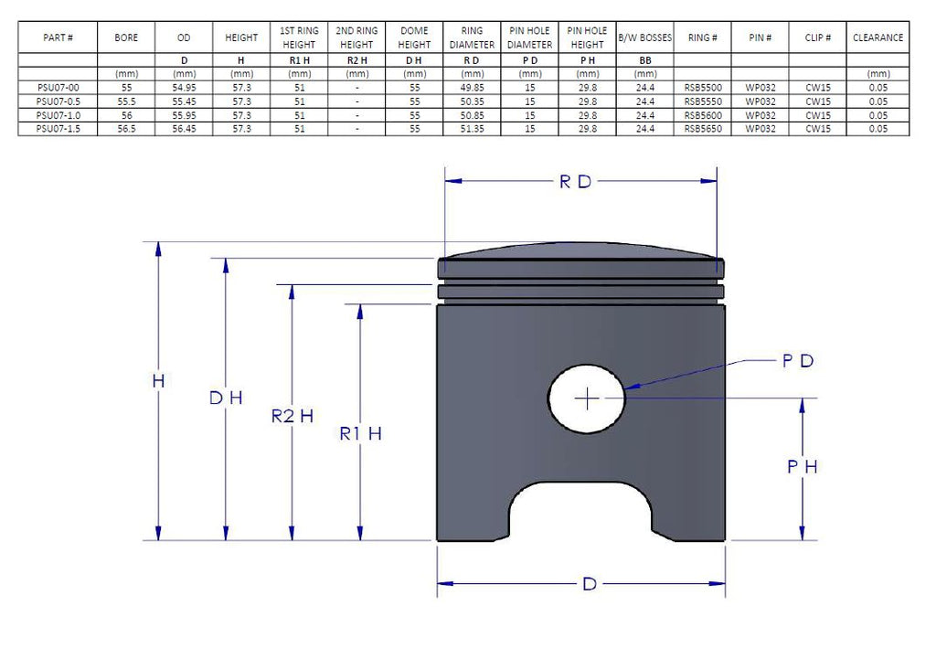 PISTON KIT 72-73 HUSQVARNA CR WR 125 TALL 55.0mm STANDARD VINTCO PSU07-00