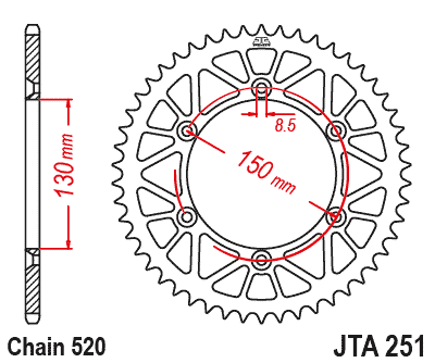 REAR SPROCKET ALLOY BLACK 251, JTA251.47BLK 7075-T6 Aluminium, SR251-47