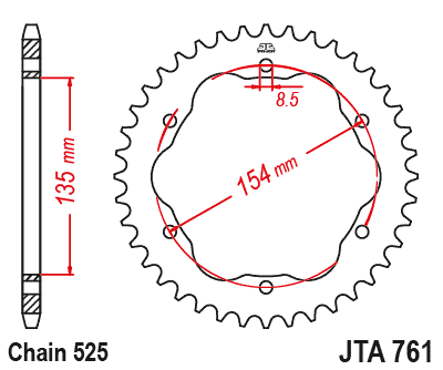 REAR SPROCKET ALLOY JTA761.38BLK, DUCATI ROAD CHAIN TYPE 525