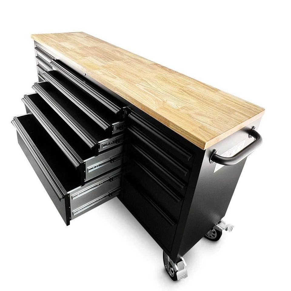 72 Powder Coated Matte Black Steel Tool Chest Box 15 Drawers Solid Wooden Top